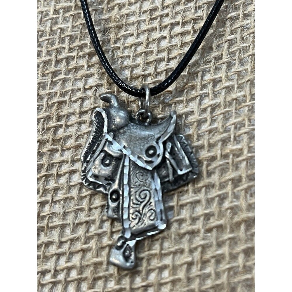 Pewter Western Saddle Charm Pendant Necklace Equestrian Horse Cowgirl Signed